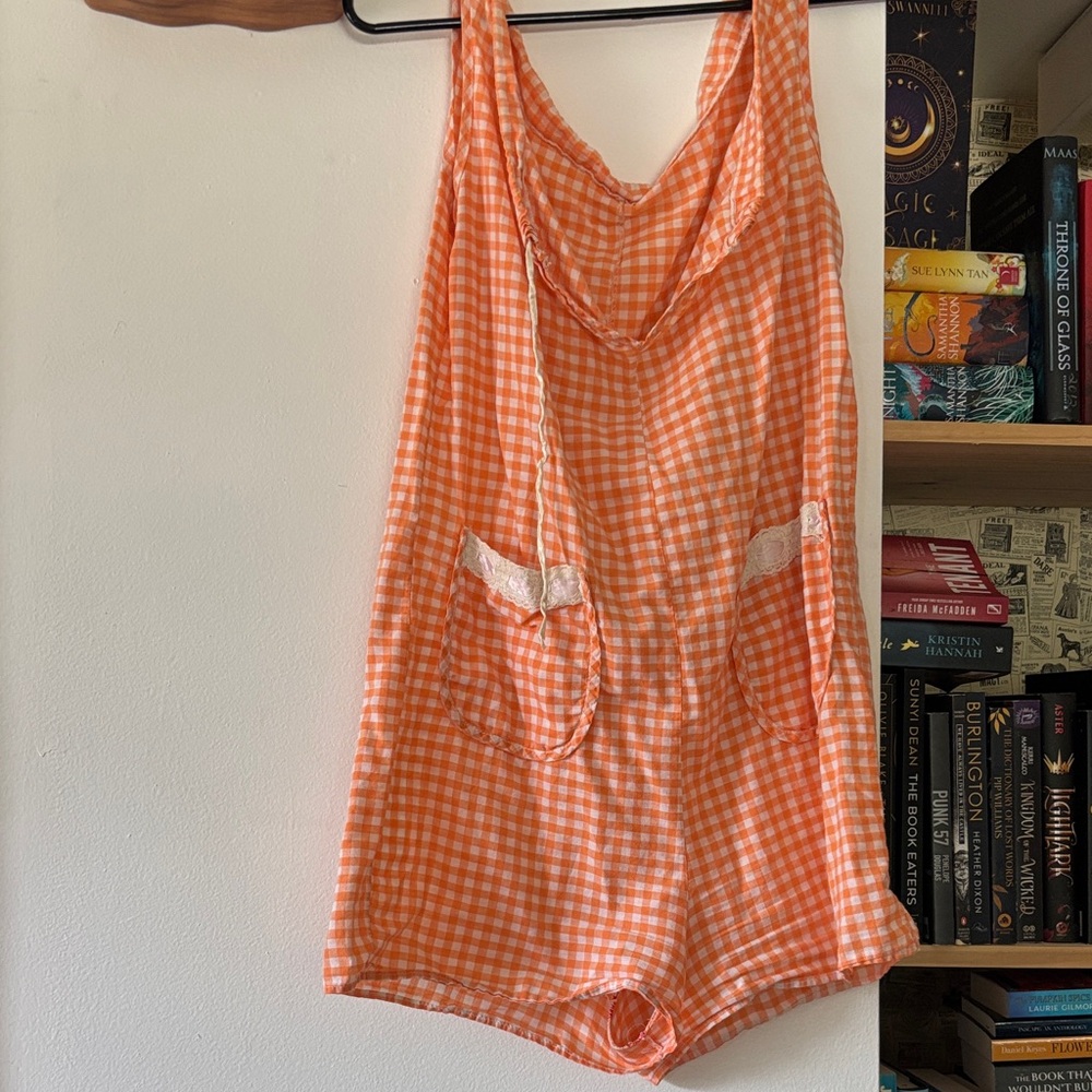 Orange Gingham Romper with Pockets